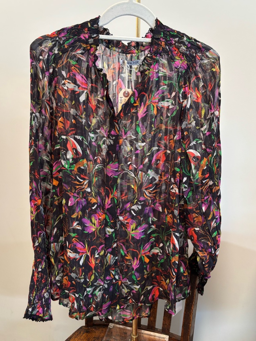 NWT Maria Cher Black Floral Sheer Long-Sleeve Blouse